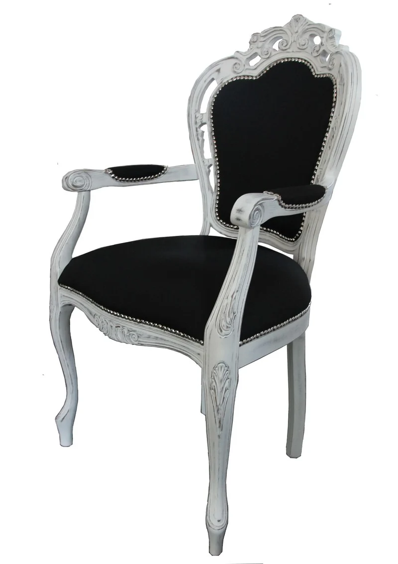 Casa Padrino Barock Esszimmer Stuhl mit Armlehne Schwarz / Vintage Weiß - Designer Stuhl - Luxus Qualität