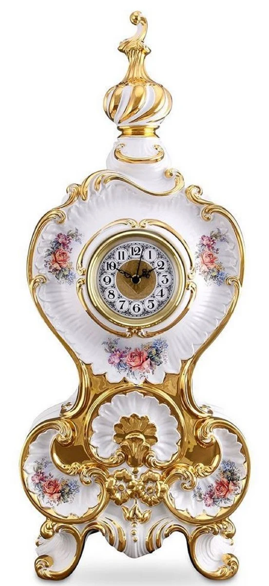Casa Padrino Barock Tischuhr Weiß / Gold / Mehrfarbig 37 x 17 x H. 84 cm - Prunkvolle Barock Keramik Uhr mit Blumen Design