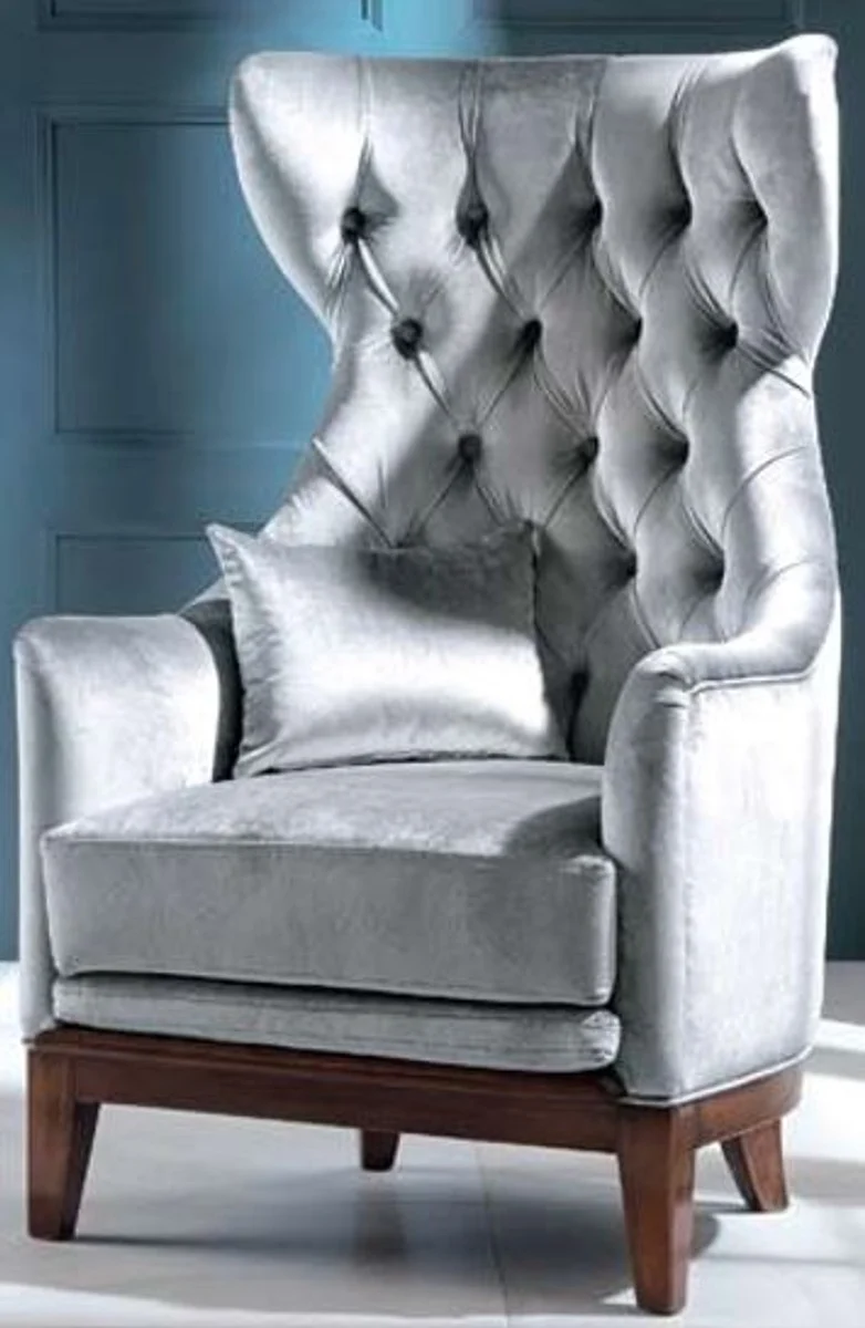 Casa Padrino Luxus Art Deco Samt Ohrensessel Grau / Braun 73 x 78 x H. 119 cm - Chesterfield Wohnzimmer Sessel - Art Deco Möbel - Luxus Qualität
