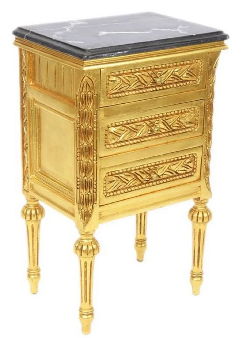 Casa Padrino Barock Beistelltisch mit 3 Schubladen und Marmorplatte Gold / Schwarz 45 x 55 x H. 75 cm - Barockmöbel