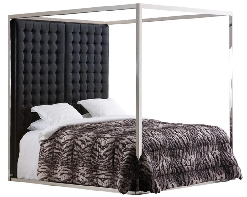 Casa Padrino Luxus Bettgestell mit Kopfteil in schwarzer Leder-Optik 190 x 220 x H. 220 cm - Designermöbel