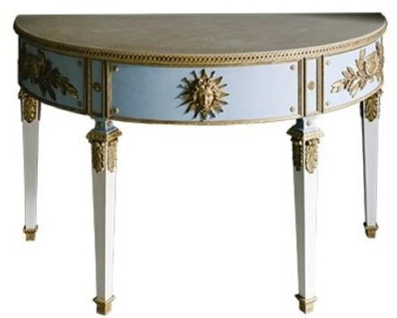 Casa Padrino Luxus Barock Konsole Blau / Weiß / Gold 150 x 75 x H. 91 cm - Handgefertigter Halbrunder Antik Stil Konsolentisch