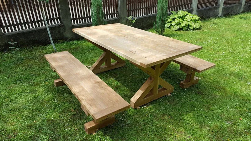 Casa Padrino Gartenmöbel Set Rustikal mit Kreuzgestell - Tisch + 2 Garten Bänke (Länge: 200 cm) - Eiche Massivholz