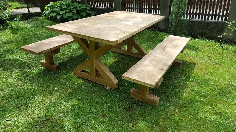 Casa Padrino Gartenmöbel Set Rustikal mit Kreuzgestell - Tisch + 2 Garten Bänke (Länge: 200 cm) - Eiche Massivholz