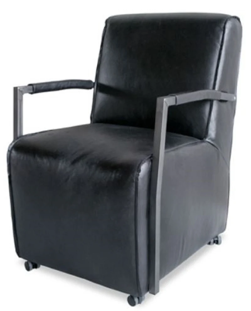 Casa Padrino Luxus Wohnzimmer Büffelleder Sessel mit Rollen Schwarz / Silber 59 x 69 x H. 93 cm - Echtleder Möbel