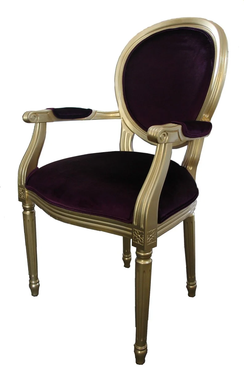 Casa Padrino Barock Esszimmer Stuhl mit Armlehne Lila / Gold - Designer Stuhl - Luxus Qualität