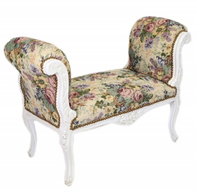 Casa Padrino Barock Schemel Hocker Blumen Muster / Antik Weiß - Sitzbank - Barock Möbel Bank B!