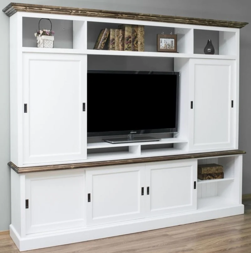 Casa Padrino Landhausstil Fernsehschrank mit 6 Schiebetüren Weiß / Braun 254 x 46 x H. 210 cm - Massivholz TV Schrank - Wohnzimmerschrank - Landhausstil Wohnzimmermöbel