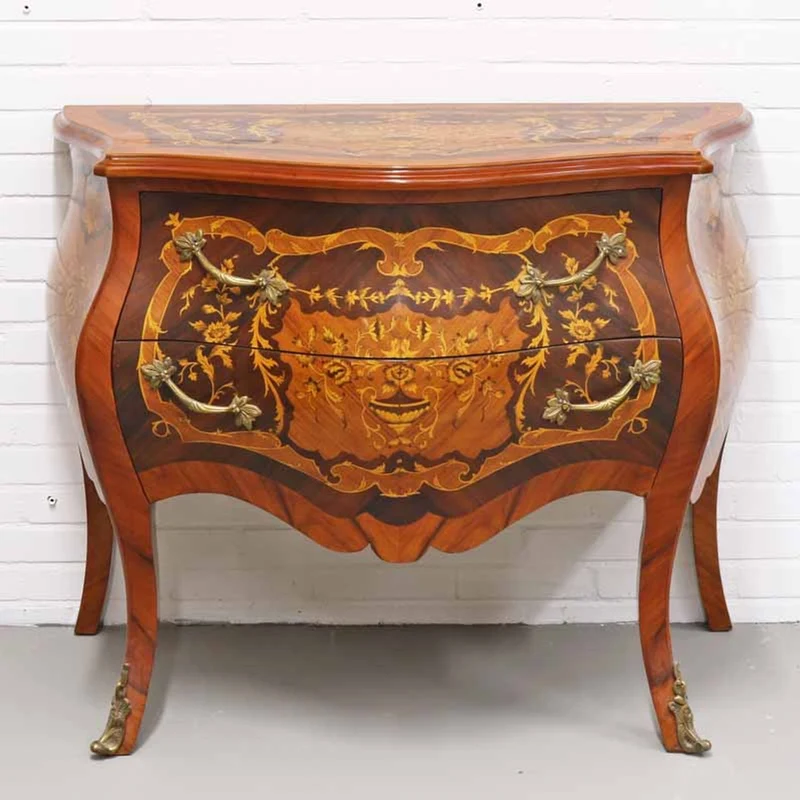 Casa Padrino Barock Kommode mit 2 Schubladen in mahagonibraun Intarsien und messingfarbenen Details 100 x 55 x H. 85 cm
