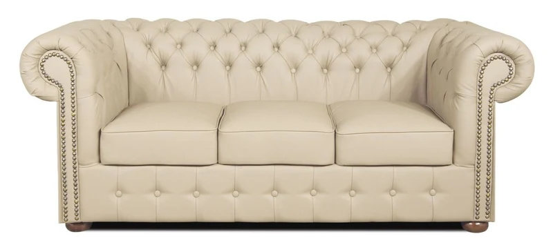 Casa Padrino Echtleder 3er Sofa Creme 200 x 90 x H. 78 cm - Luxus Chesterfield Sofa