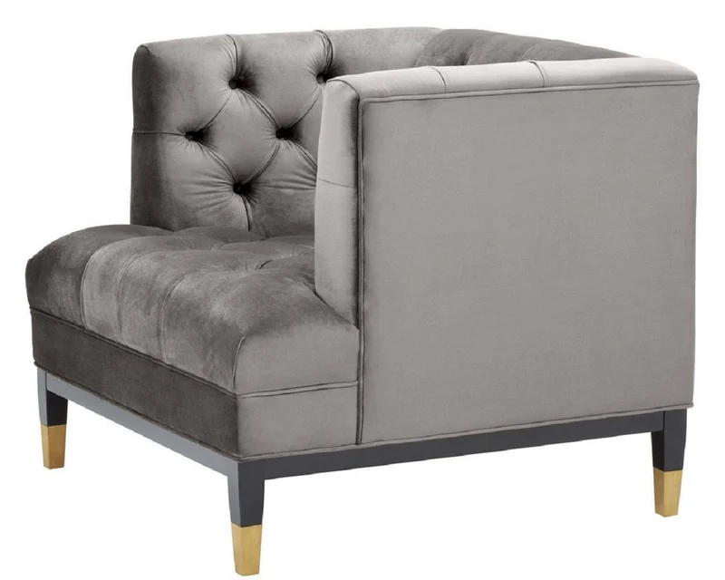 Casa Padrino Luxus Wohnzimmer Sessel Grau / Schwarz / Messingfarben 93 x 85 x H. 79 cm - Chesterfield Möbel
