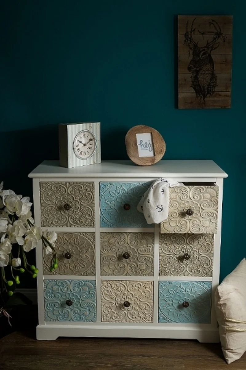 Casa Padrino Landhausstil Kommode mit 9 Schubladen Weiß / Mehrfarbig 100 x 40 x H. 92 cm - Landhausstil Möbel
