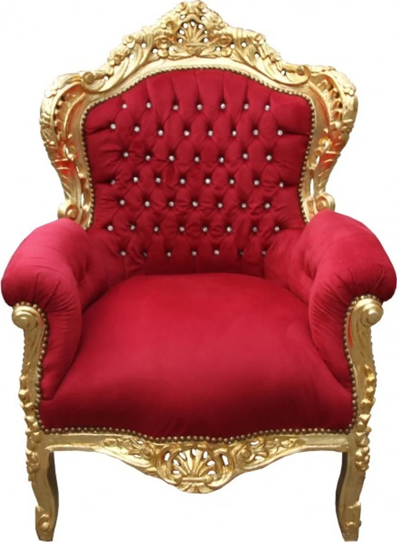 Casa Padrino Barock Sessel King Mod2 Bordeauxrot / Gold mit Glitzersteinen - Antikstil Sessel, H 120 x B 85 x T 85 cm