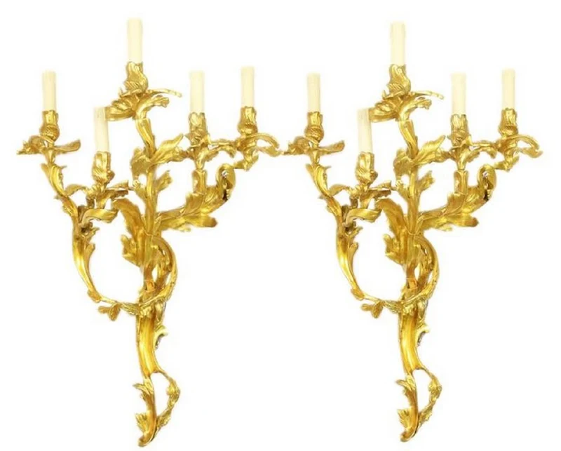 Casa Padrino Barock Wandkerzenhalter Set Gold 55 x 35 x H. 80 cm - Prunkvolle Wandkerzenhalter aus vergoldeter Bronze - Barock Wanddeko