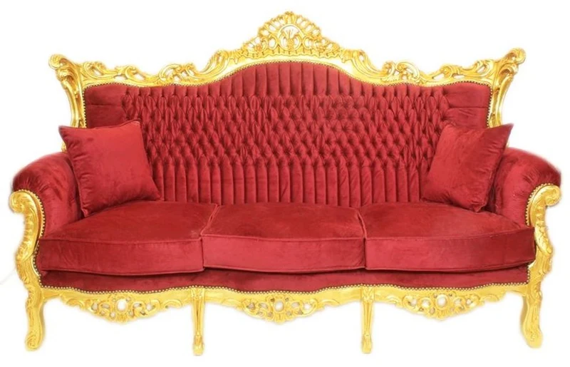 Casa Padrino Barock Wohnzimmer Set Bordeaux Samtstoff / Gold - 3er Sofa + 2 Sessel