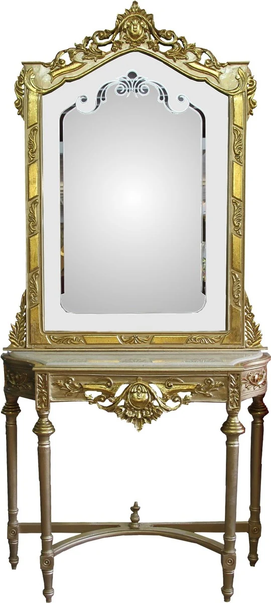 Casa Padrino Barock Spiegelkonsole Gold mit Marmorplatte und mit schönen Barock Verzierungen auf dem Spiegelglas Mod8 - Antik Look