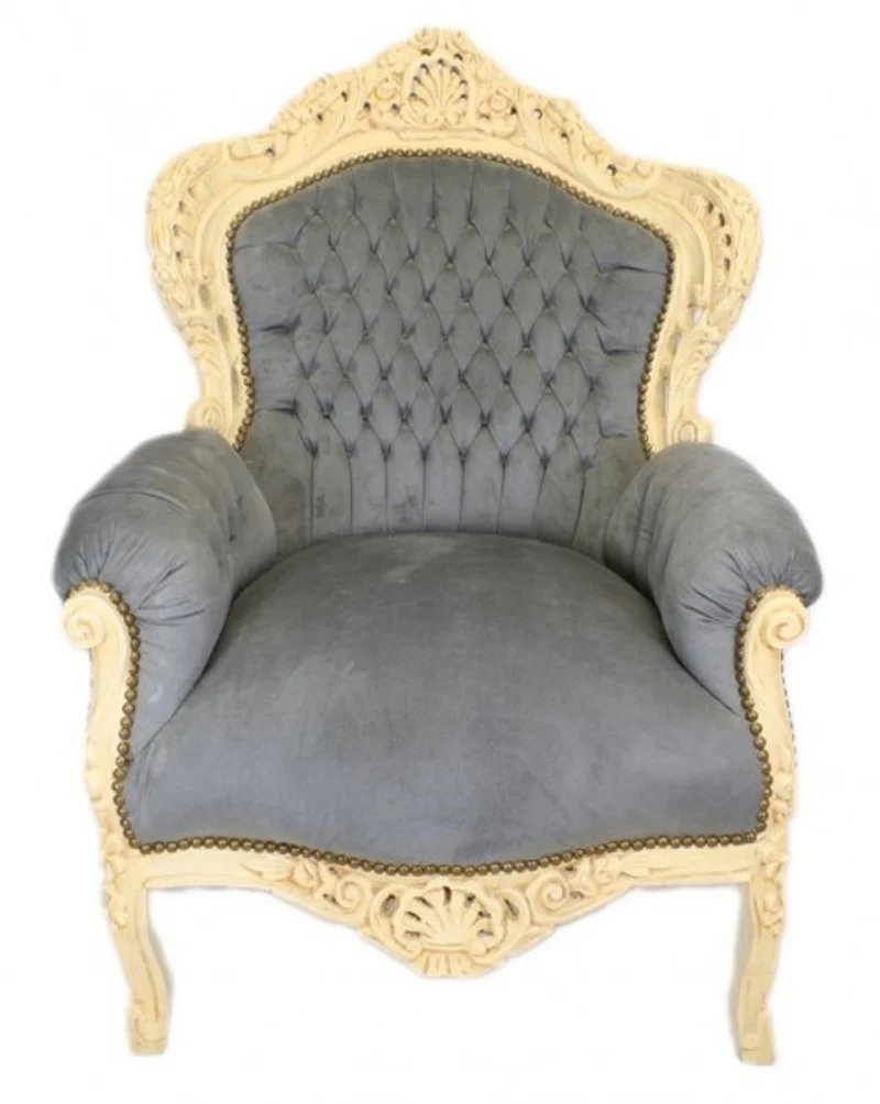 Casa Padrino Barock Sessel King in Grau und Antikstil Creme, 120 x 85 x 85 cm, handgefertigter Luxus-Sessel