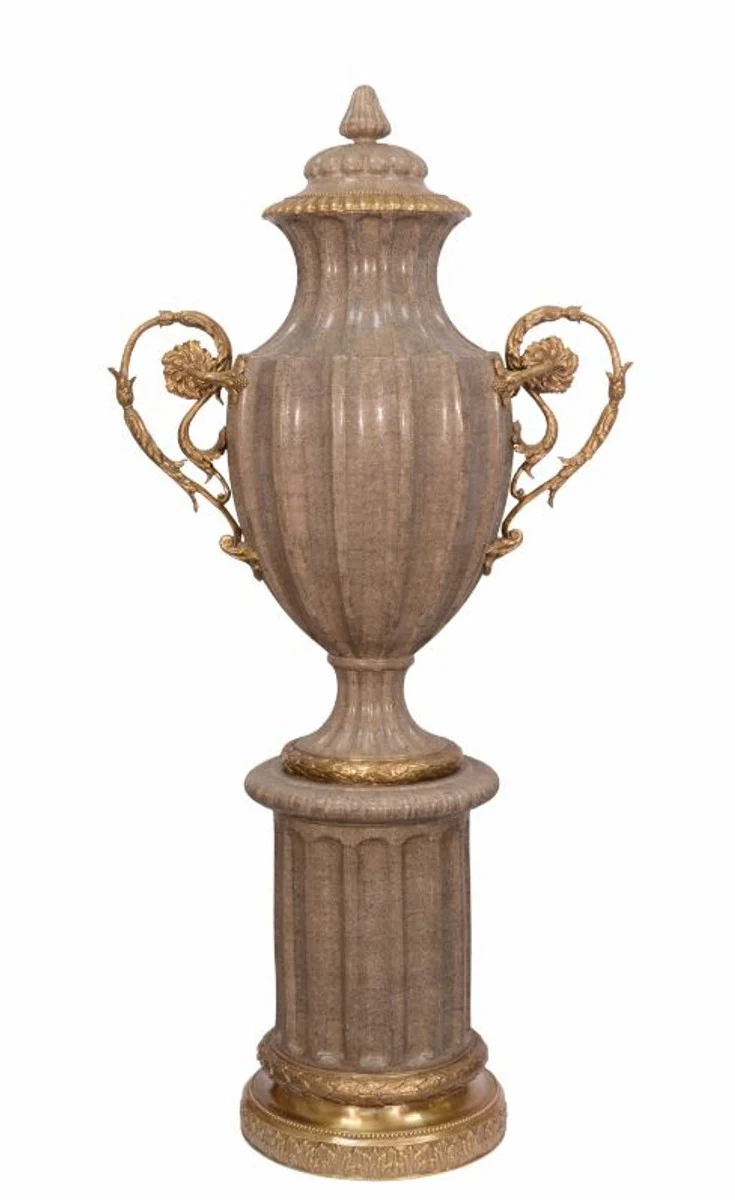 Casa Padrino Barock Porzellan Vase auf Sockel, sandfarbig / bronze, Breite 65,5 cm, Tiefe 36,5 cm, Höhe 133,6 cm