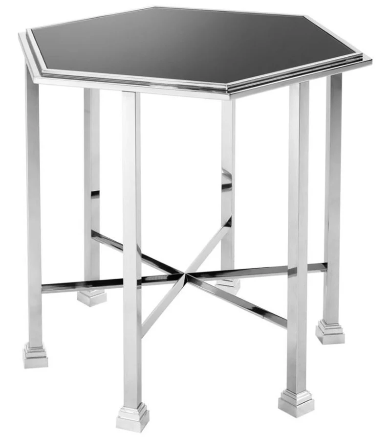 Casa Padrino Designer Beistelltisch silber mit schwarzer Glasplatte 71 x 62 x H. 65 cm - Luxus Qualität