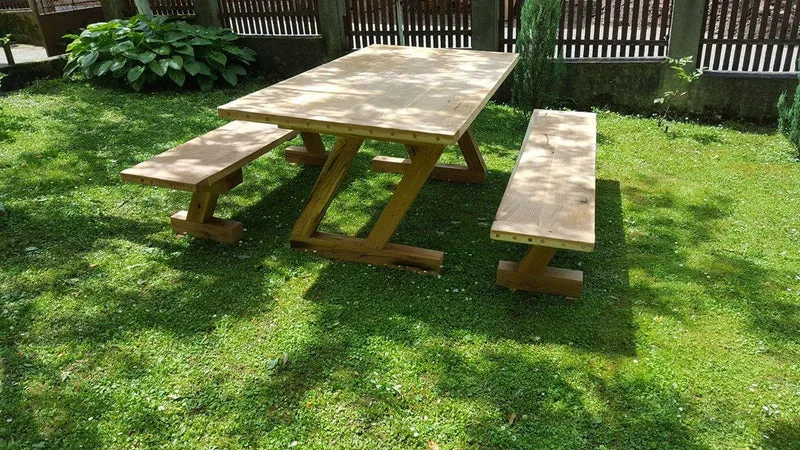 Casa Padrino Gartenmöbel Set Rustikal - Tisch + 2 Garten Bänke (Länge: 200 cm) - Eiche Massivholz - Modell Z