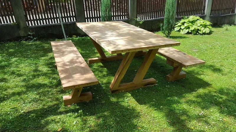 Casa Padrino Gartenmöbel Set Rustikal - Tisch + 2 Garten Bänke (Länge: 200 cm) - Eiche Massivholz - Modell Z
