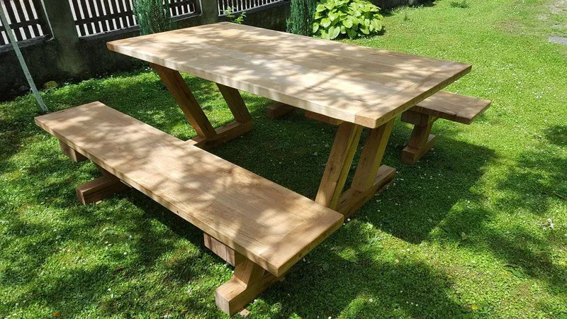 Casa Padrino Gartenmöbel Set Rustikal - Tisch + 2 Garten Bänke (Länge: 200 cm) - Eiche Massivholz - Modell Z
