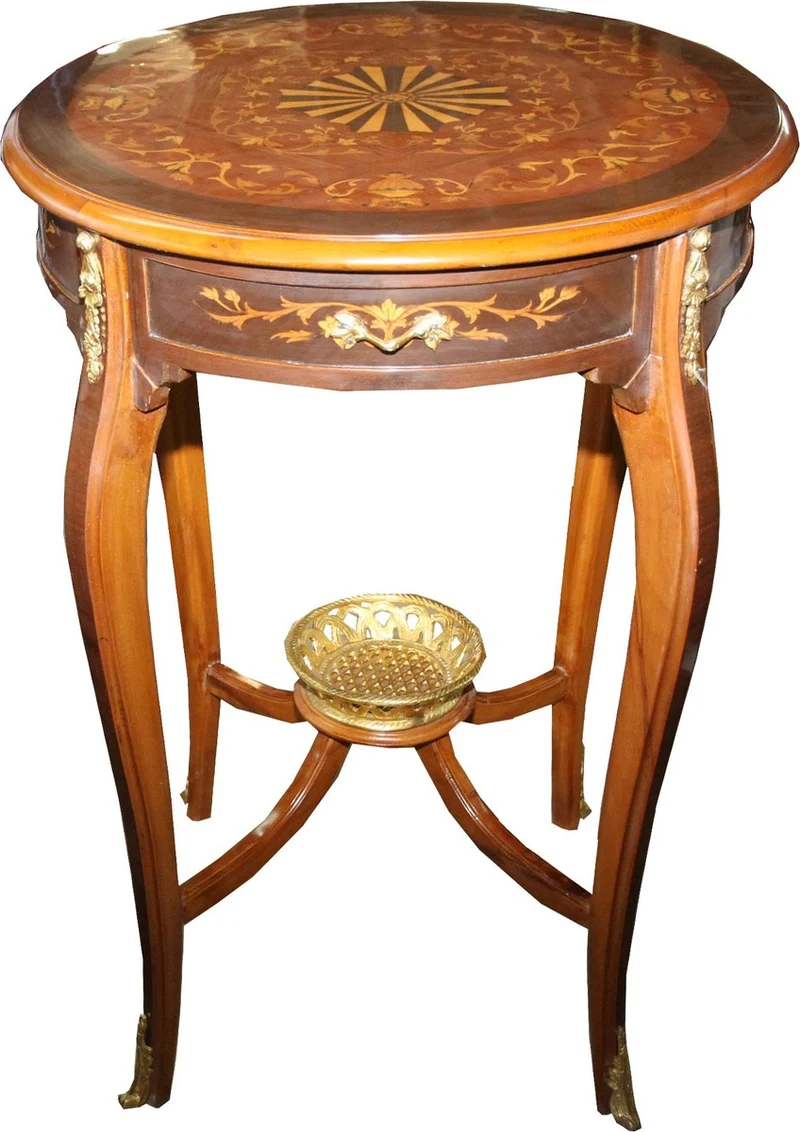 Casa Padrino Luxus Barock Beistelltisch Mahagoni Intarsien mit Schublade H86 Durchmesser 60 cm