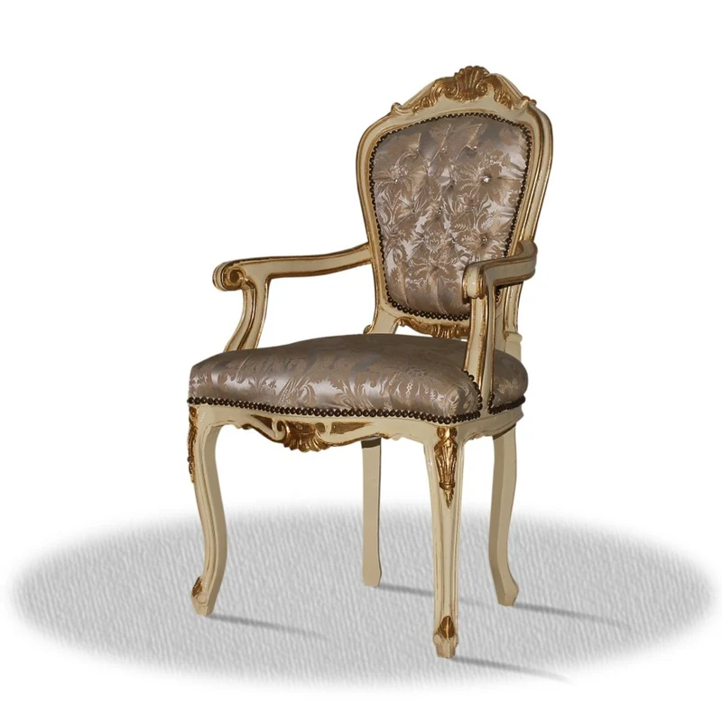 Casa Padrino Barock Armlehnen Esszimmerstuhl Creme Gold Silber