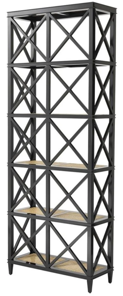 Casa Padrino Luxus Regalschrank im Barockstil Schwarz / Naturfarben 85 x 35 x H. 220 cm