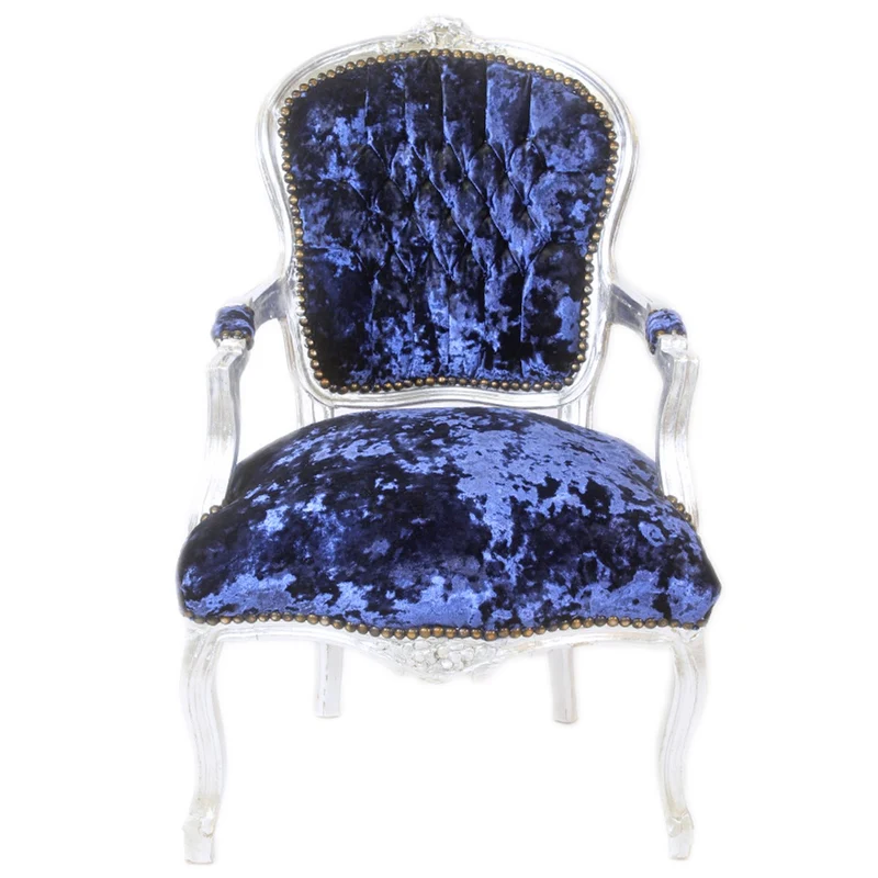 Casa Padrino Barock Salon Stuhl Royalblau Velour Stoff / Silber - Antik Design Möbel