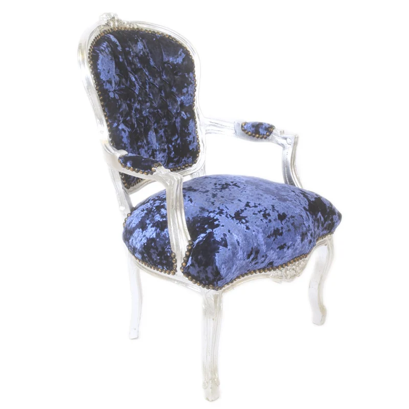 Casa Padrino Barock Salon Stuhl Royalblau Velour Stoff / Silber - Antik Design Möbel