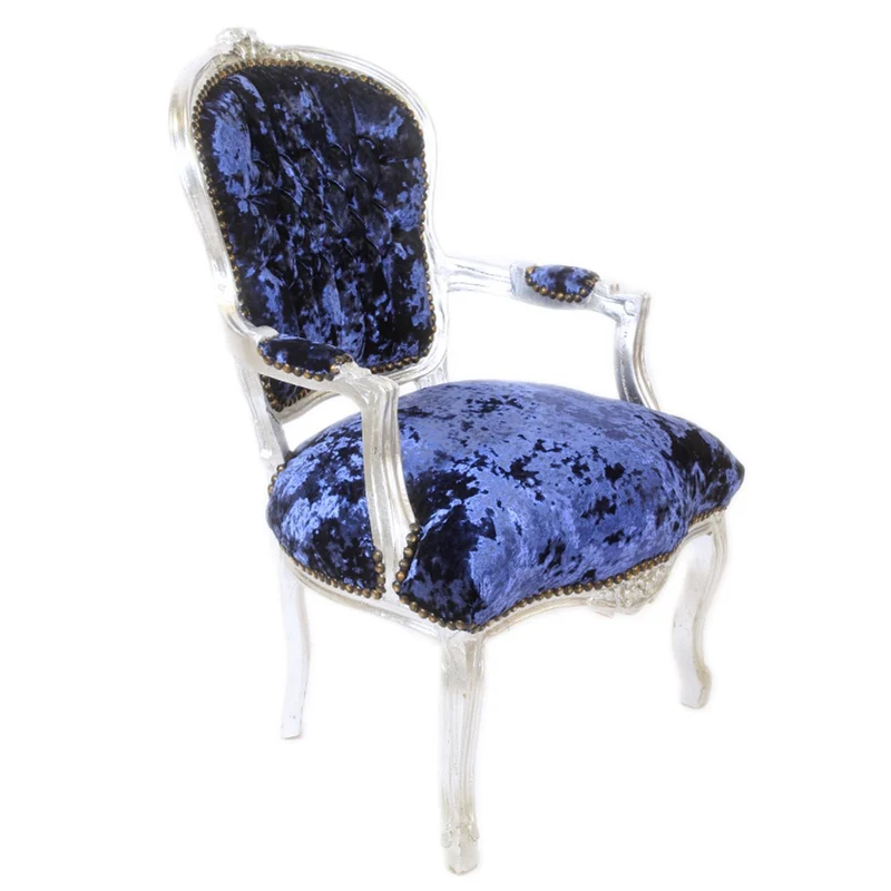 Casa Padrino Barock Salon Stuhl Royalblau Velour Stoff / Silber - Antik Design Möbel