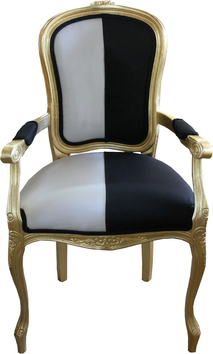 Casa Padrino Barock Esszimmer Stuhl mit Armlehnen, Schwarz / Weiss / Gold, 101 x 58 x 53 cm