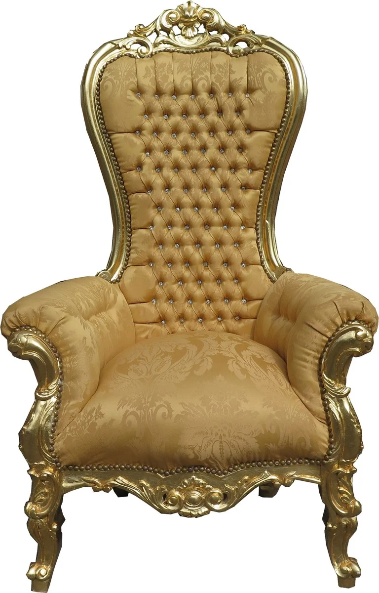 Casa Padrino Barock Thron Sessel Majestic Medium Gold Muster / Gold Mod2 mit Bling Bling Glitzersteinen - Riesensessel - Thron Stuhl Tron