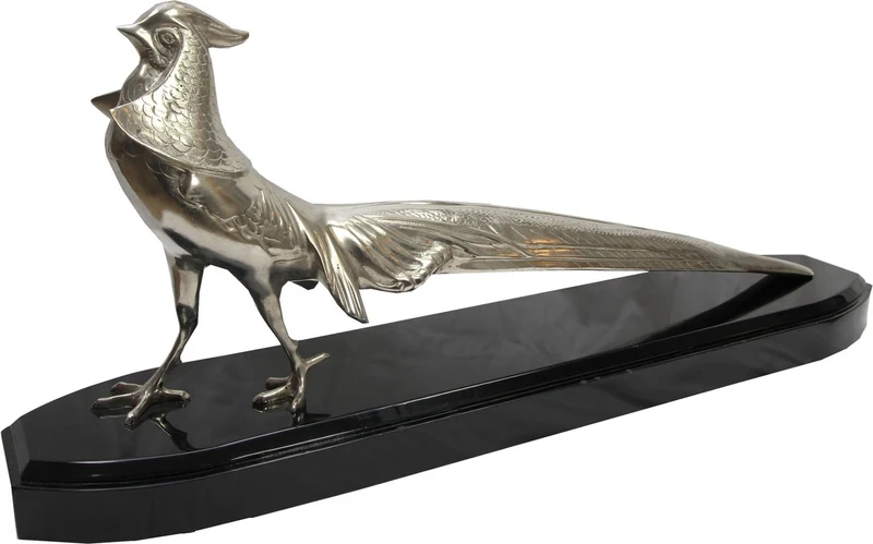 Casa Padrino Luxus Fasan Skulptur Bronze vernickelt auf Holzsockel - Figur Vogel - Edel & Prunkvoll