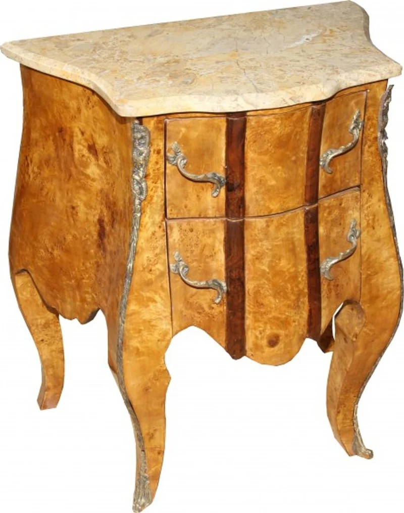 Casa Padrino Barock Kommode Vogelaugenahorn mit 2 Schubladen, Marmorplatte in Creme, 67 x 37 x 73 cm