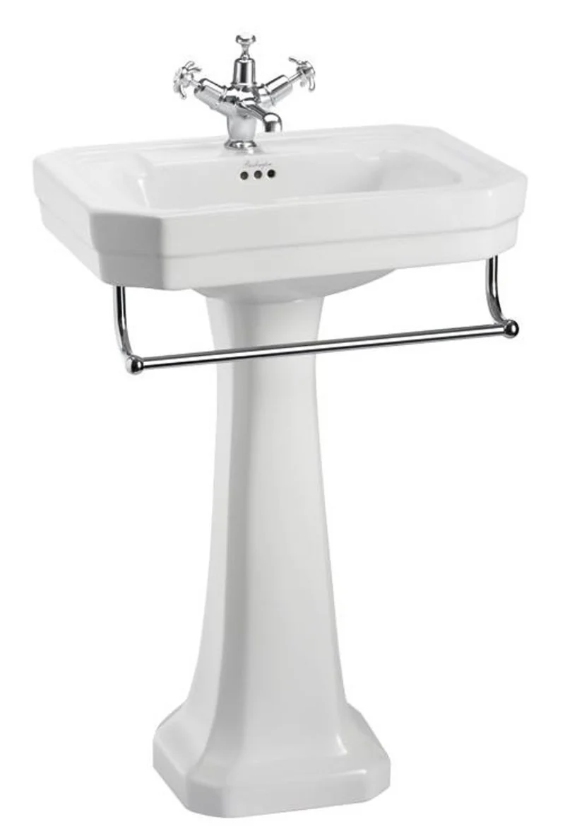 Casa Padrino Luxus Porzellan Waschbecken im Jugendstil mit Sockel und Handtuchhalter, weiß / chrom, 56 x 47 x 90 cm