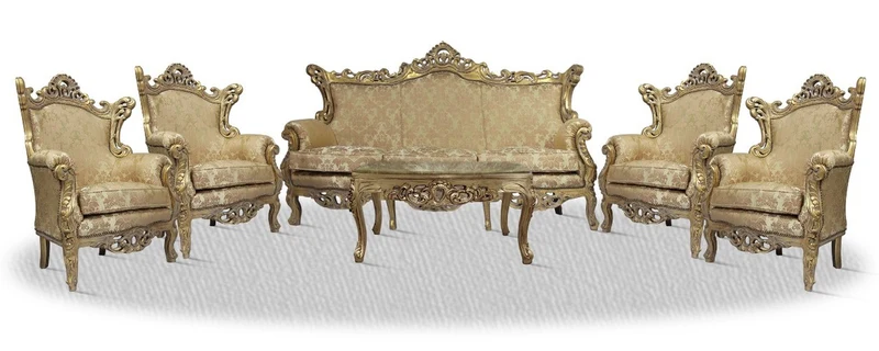Casa Padrino Barock Sofa Set 3er Sofa 4 Sessel und Tisch mit Glasplatte - Vintage Gold / Gold mit Muster