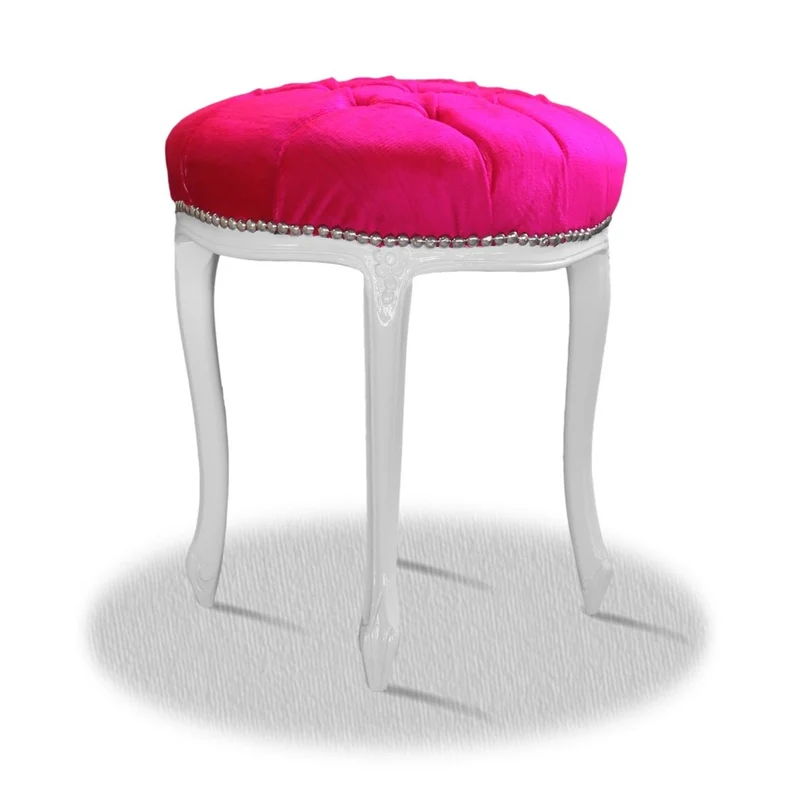 Casa Padrino Barock Sitzhocker Weiß Rosa Silber - Barock Rundhocker