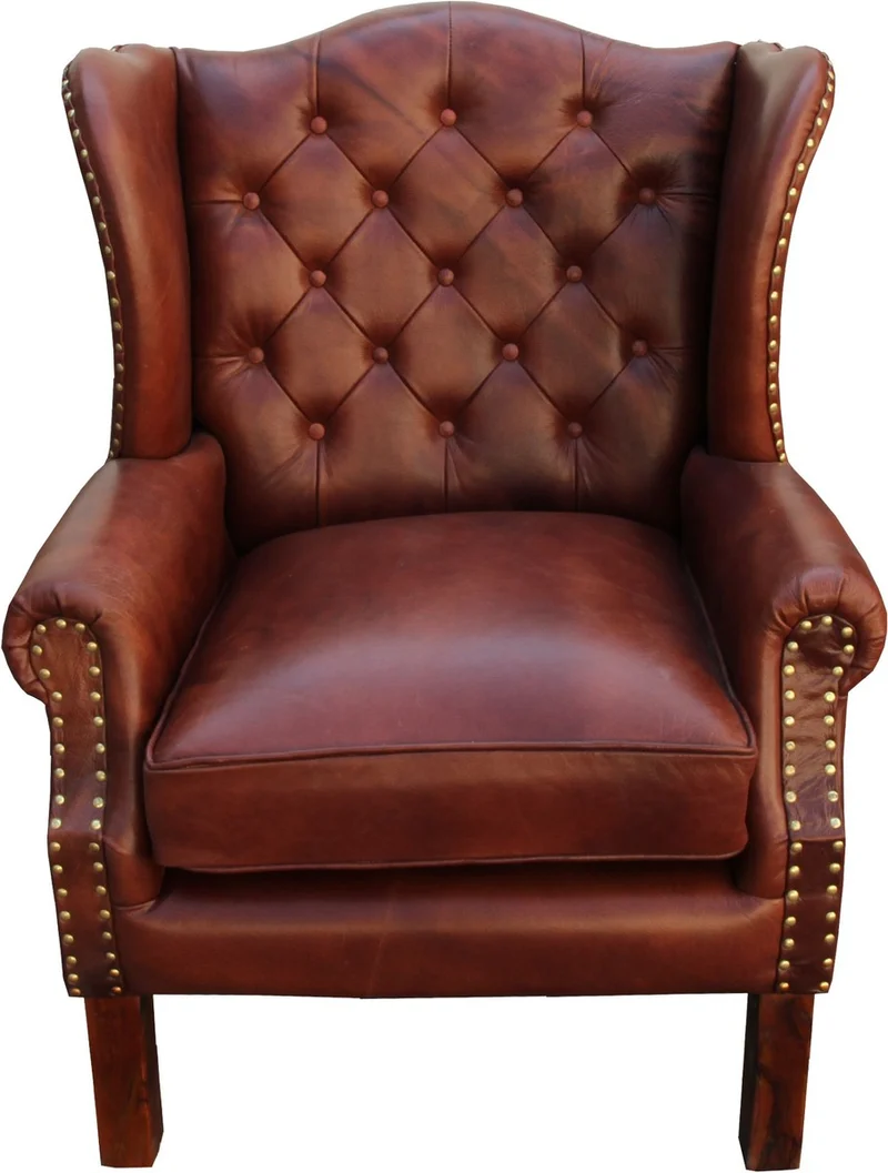 Casa Padrino Luxus Chesterfield Ohrensessel aus Echtleder in Braun und Gold 72 x 65 x H. 103 cm