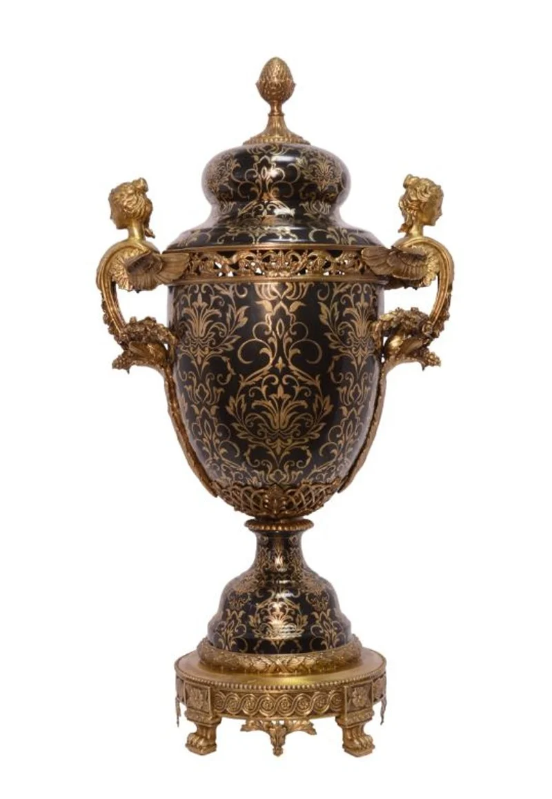 Casa Padrino Barock Porzellan Vase mit zwei Griffen und Deckel, Schwarz und Bronze, 46 x 29,3 x 87 cm