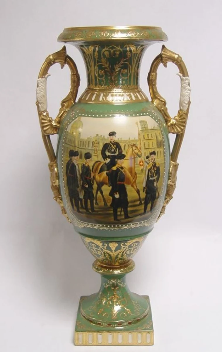 Casa Padrino Barock Porzellan Vase mit 2 Griffen - Grün / Gold - H. 54 cm - Luxuriöses Dekorationsobjekt