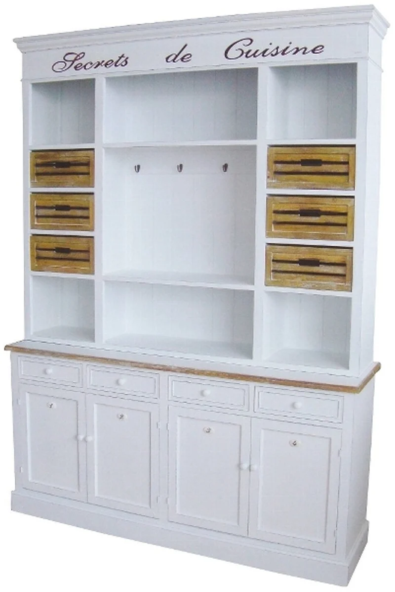 Casa Padrino Landhausstil Küchenschrank Antik Weiß / Naturfarben 160 x 43 x H. 218 cm - Massiver Küchenschrank