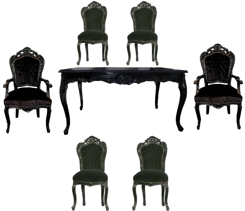 Casa Padrino Barock Esszimmer Set Schwarz/Schwarz - Esstisch + 6 Stühle