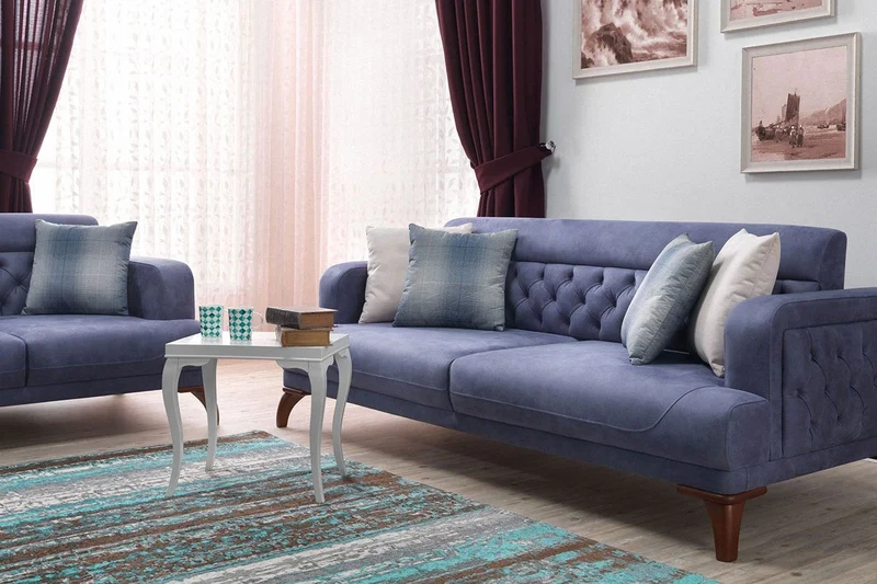 Casa Padrino Designer 3er Sofa Venice in Blau und Holzfarben, 221 x 100 x H 90 cm