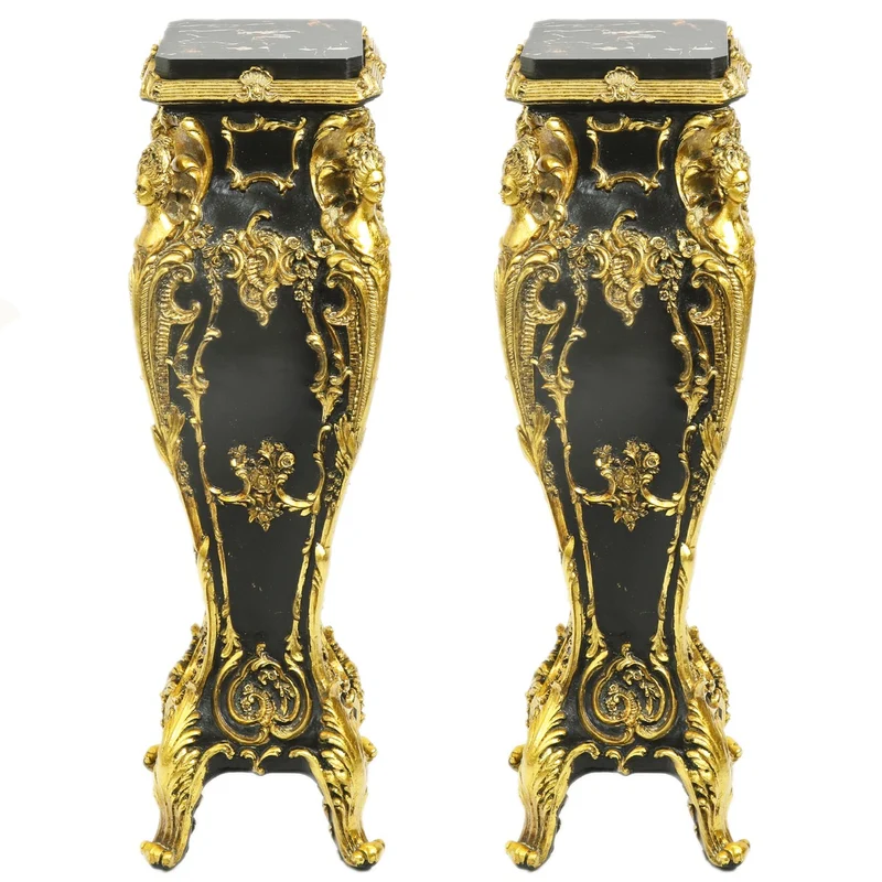 Casa Padrino Barock Marmor Säulen Set Gold / Schwarz 25 x 25 x H.70 cm - Luxuriöse Dekosäulen im 2er Set