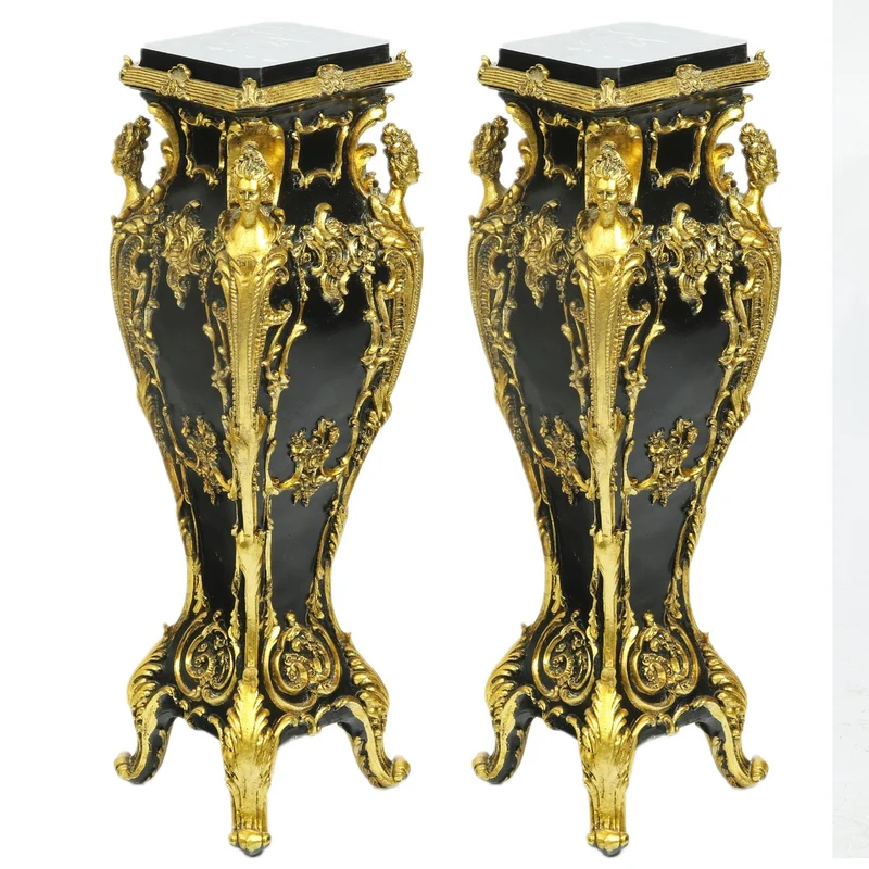 Casa Padrino Barock Marmor Säulen Set Gold / Schwarz 25 x 25 x H.70 cm - Luxuriöse Dekosäulen im 2er Set