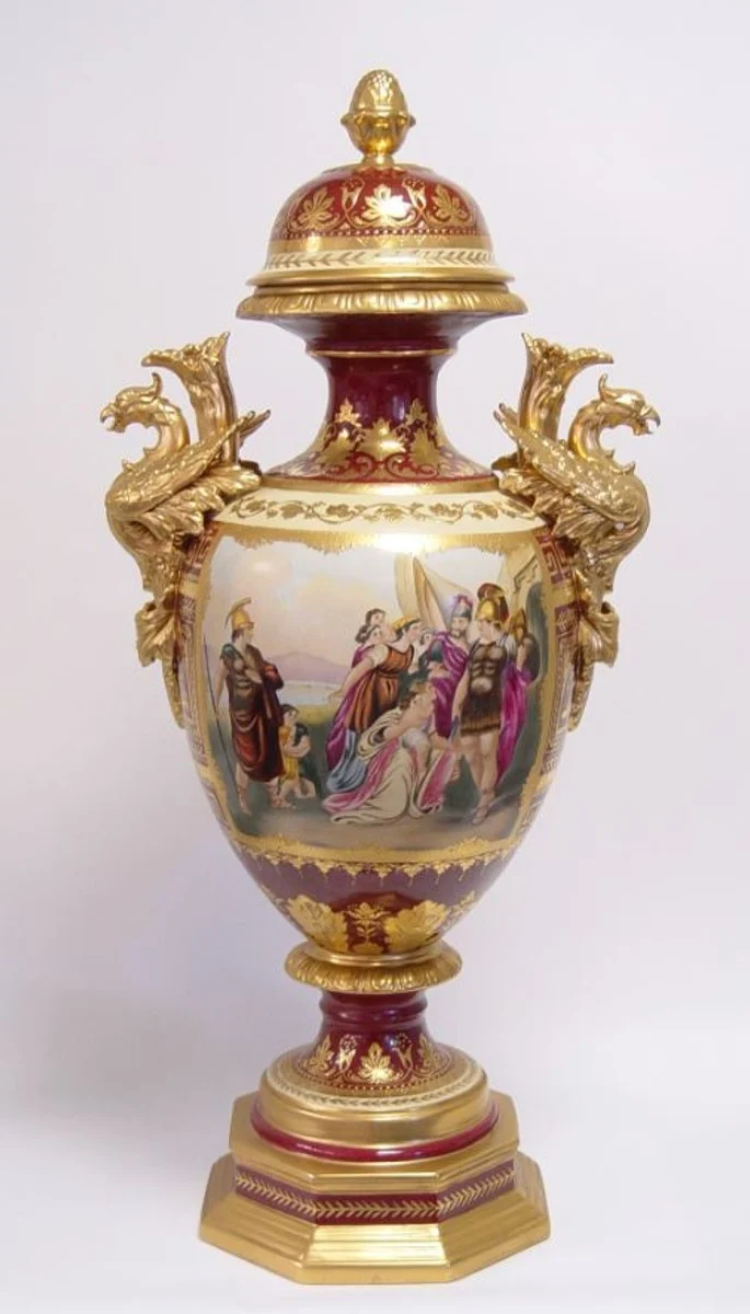 Casa Padrino Luxus Porzellan Vase mit Deckel in Rot und Gold, Höhe 85 cm, Barock Stil