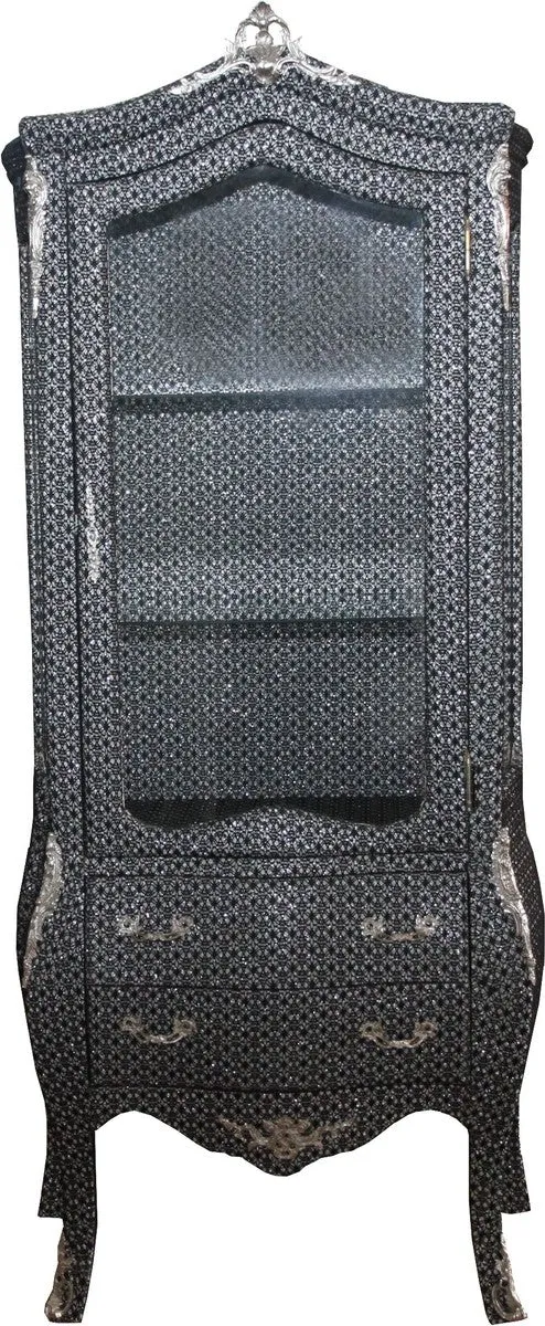 Casa Padrino Barock Vitrine im prunkvollen Schwarz-Silber Glitzerlook, 85 x 50 x 185 cm