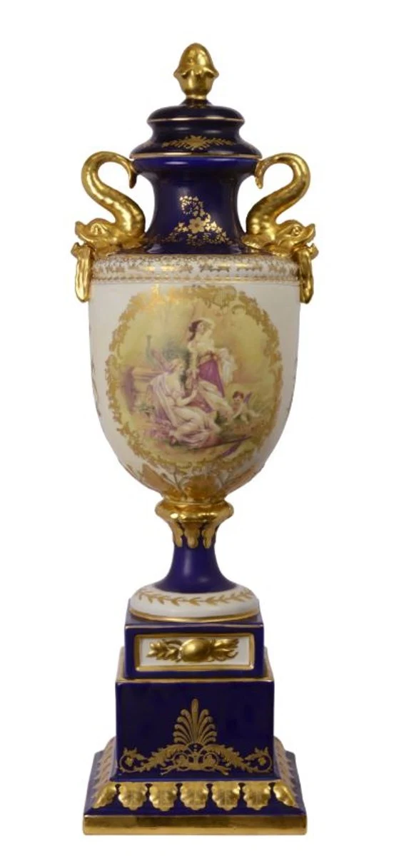 Casa Padrino Luxus Porzellan Vase auf Sockel im Barock Stil weiß dunkelblau gold 26,8 x 22,8 x 82,3 cm